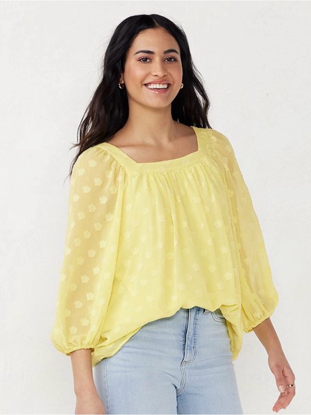 LC Lauren Conrad Lemon Square-Neck Puff Sleeve Blouse